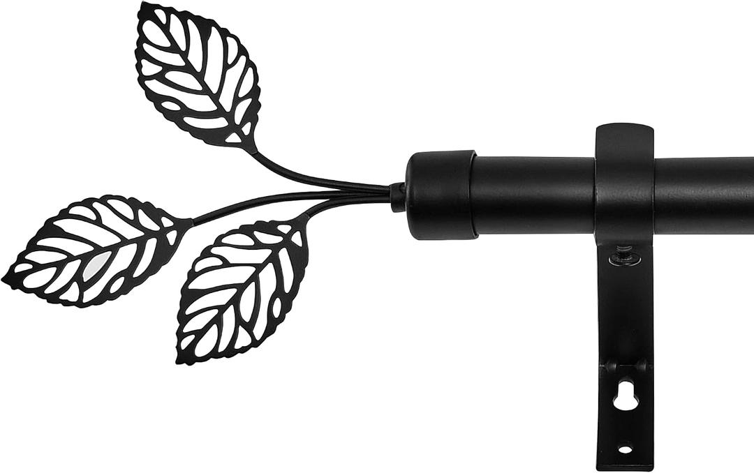 RYB HOME Black Curtain Rod 1 inch Diameter, Rustic Farmhouse Standard Decorative Window Curtain Rod with Leaf Finial 48 to 86 inch Length for Kitchen Bedroom Living Room, Matte Black