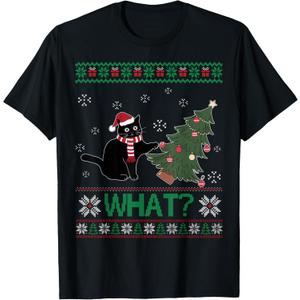 Black Cat What Pushing Christmas Tree Funny Cat Xmas Gifts Men Women Kids T-Shirt 6XL