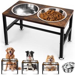 Elevated Dog Bowls, 3 Height Adjustable Raised Dog Water Food Bowl Wooden Metal Stand, 42OZ-Stainless Steel Bowls for Medium Small Dogs