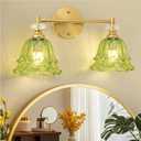 Vintage Bathroom Light Fixtures Over Mirror,Green Vanity Light for Bathroom,2 Light Brass Vanity Light with Flower Glass LampShade for Bedroom Living Room Hallway (Green, 2-Light)