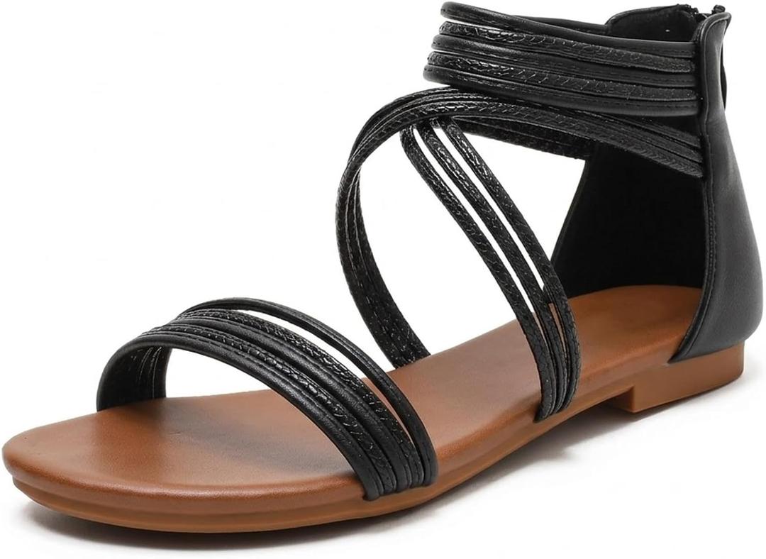 Youngshow Women's Gladiator Sandals, Criss-Cross Strappy Flat Sandals with Back Zipper, Open Toe Bohemian Summer Casual Shoes for Beach Travel (Black) Size 7