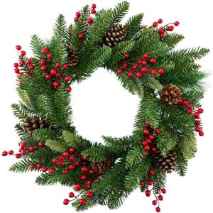 Large Outdoor Christmas Wreath, 24 Inch Christmas Wreaths for Front Door Outside, Farmhouse Indoor Winter Wreath Window, Home Decorations with Pine Cones, Red Berries, Evergreen Leaves