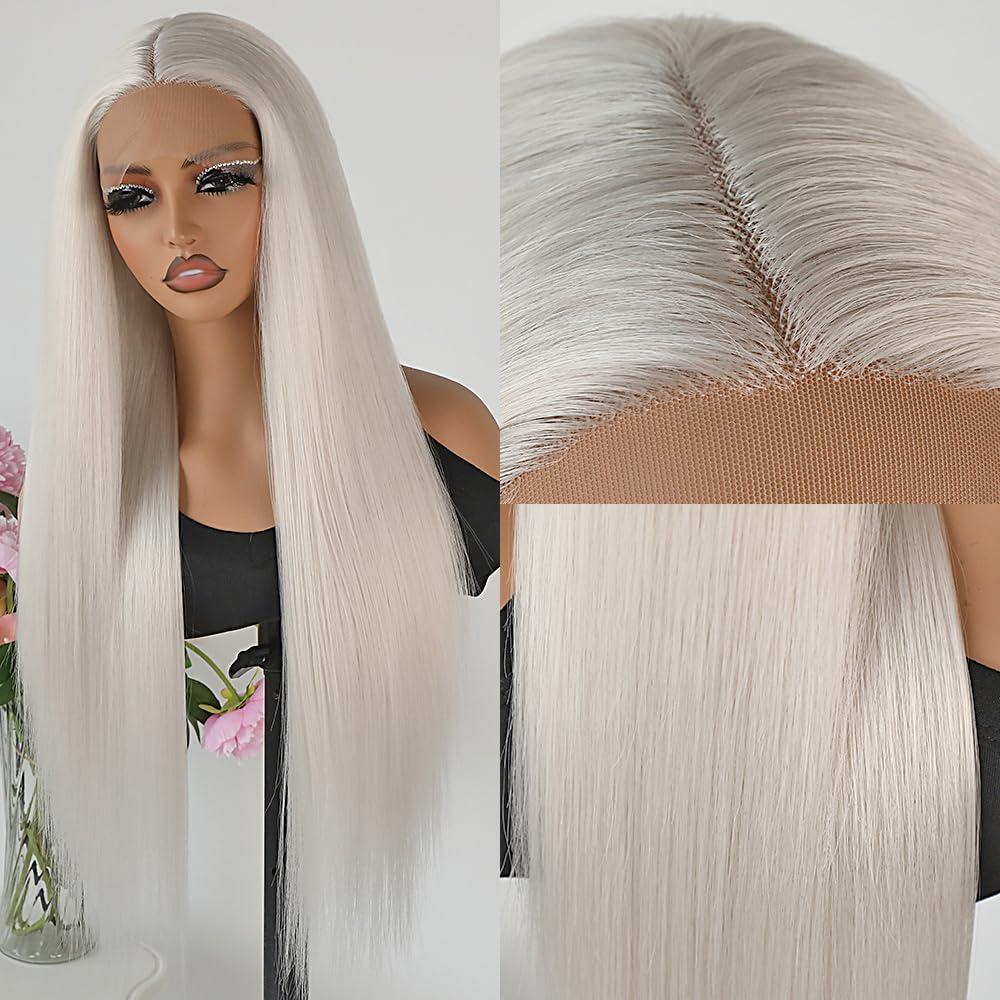 Maycaur Platinum White Synthetic Hair Wigs with Natural Hairline Long Straight Women's Wig 26 Inch Heat Resistant Synthetic Lace Front Wigs for Fashion Women (#60)
