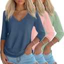 Ficerd 3 Pack Women's 3/4 Length Sleeve T Shirts, V Neck Tops Casual Blouses Loose Fit Tees 2025 Fashion Clothes (X-Large, Haze Blue, Light Pink, Light Green)