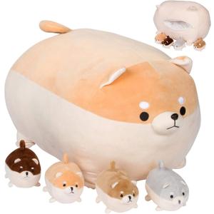 PixieCrush Stuffed Dog Toy - Cute Plushies Shiba Inu Mommy with 4 Puppies - Adorable Plush Pillow for Imaginative Play - Puppy Surprise Soft Animal Toy Set for Girls - Stuffed Animals for Ages 3-8