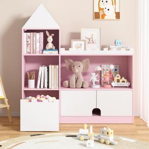 Toy Storage Organizer, Kids Castle Bookshelf, 6 Cubby Children Bookshelf, 39.4 Wood Montessori Shelf Baby Book Shelf for Nursery, Playroom, Living Room (Pink)