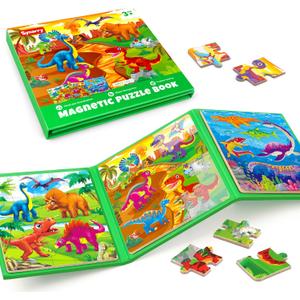 SYNARRY Dinosaur Magnetic Puzzles for Toddlers 3-5, 20 Pieces Travel Puzzles for Toddlers 2-4, Car Airplane Road Trip Activities Magnet Games Toys for 3 4 5 6 Year Old Children Boys Girls Gifts