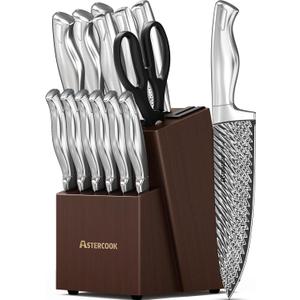 Knife Set, Astercook 15 Pieces Kitchen Knife Set with Built-in Sharpener, German Stainless Steel Knife Block Set, Razor-Sharp Knives with Full-tang Handle, Dishwasher Safe, Silver