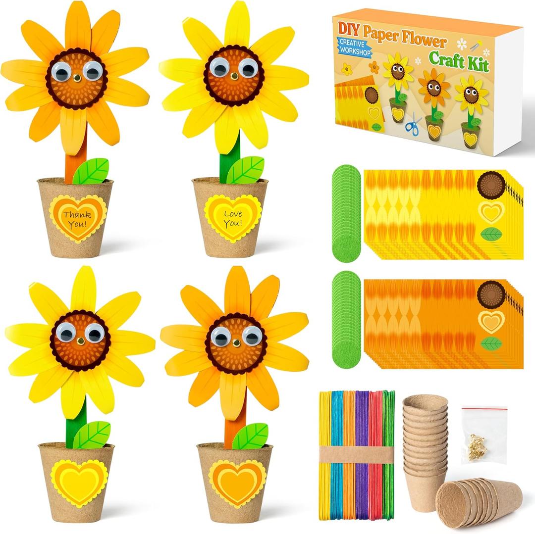 WATINC Mothers Day Foldable Flower Paper Pot Craft Kits - 24 Packs Make Your Standing Flowers Gift Crafts Decorations, Fun DIY Decor Home School Classroom Art Activities for Mom Kids (Flower)