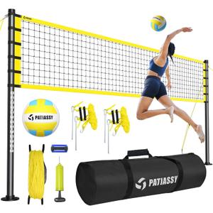 Portable Volleyball Net Set for Backyard, Beach & Outdoor - Regulation Size, Height-Adjustable Poles, PU Volleyball with Pump, Carrying Bag (Yellow)