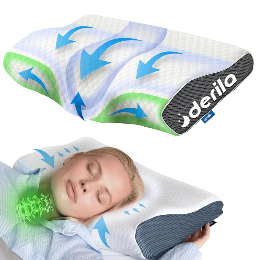 Derila Cervical Neck Pillow for Sleeping - Ergonomic Neck Support Pillow for Back, Stomach, Side Sleeper Contour Memory Foam Pillows for Shoulder Relief 12.2" x 16.9" x 3.14"