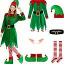 Women Christmas Elf Costume: 6-Pack Set Cute Velvet Dress with Accessories Hat Ears Shoes Belt Socks Xmas Party Outfit (XX-Large)
