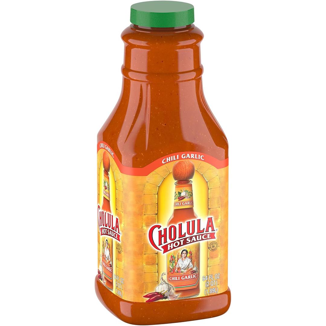 Cholula Chili Garlic Hot Sauce, 64 fl oz - One 64 Fluid Ounce Bulk Container of Chili Garlic Hot Sauce with Mexican Peppers, Garlic and Signature Spices, Perfect for Eggs, Wings, Fries and Popcorn (EXP 09/14/27)