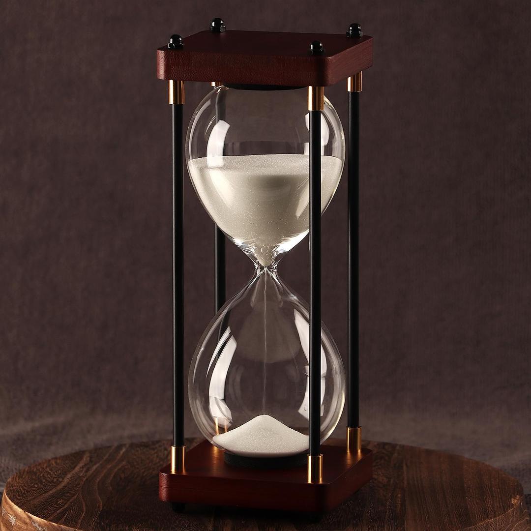 60 Minutes Sand Hourglass Timer, Vintage Sand Clock 60 Minutes, Large White Sander with Wooden End Caps, Hour Glass Sandglass Timer for Games Classroom Kitchen Decorative (White Sand)