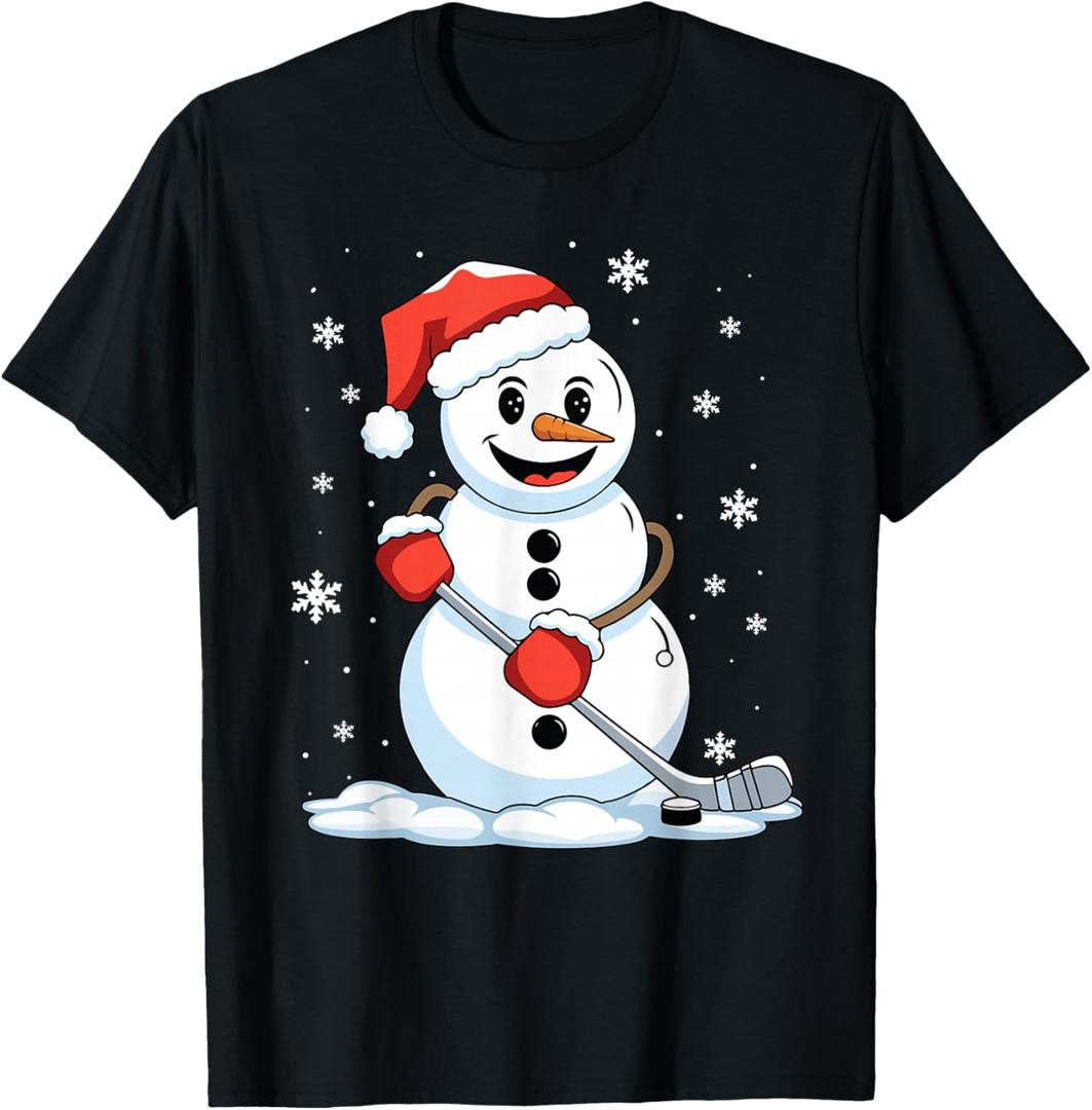 Funny Hockey Snowman Christmas Hockey Player Xmas Men Boys T-Shirt (M, Black)