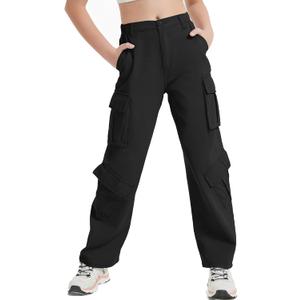 EXARUS Girls Jeans Cargo Denim Teen Hiking Pants Wide Leg Straight Baggy Elastic High Waistband Pockets Kids 8-14 Years (Black)