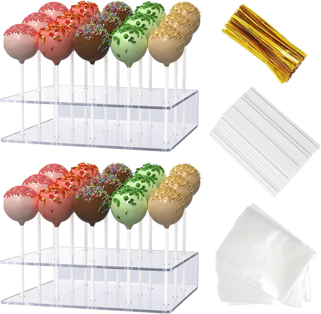 2 Pack Cake Pop Stand with Sticks Kit, Acrylic Lollipop Hold Stand, Clear Cake Pop Display Holder, 15 Holes Candy Pop Holder with 100 Pcs Sticks, 100 Pcs Clear Wrappers, 100 Pcs Gold Twist Ties