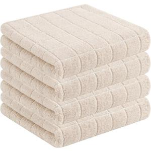 Homaxy 100% Cotton Terry Kitchen Towels(Beige, 13 x 28 inches), Checkered Designed, Soft and Super Absorbent Dish Towels, 4 Pack