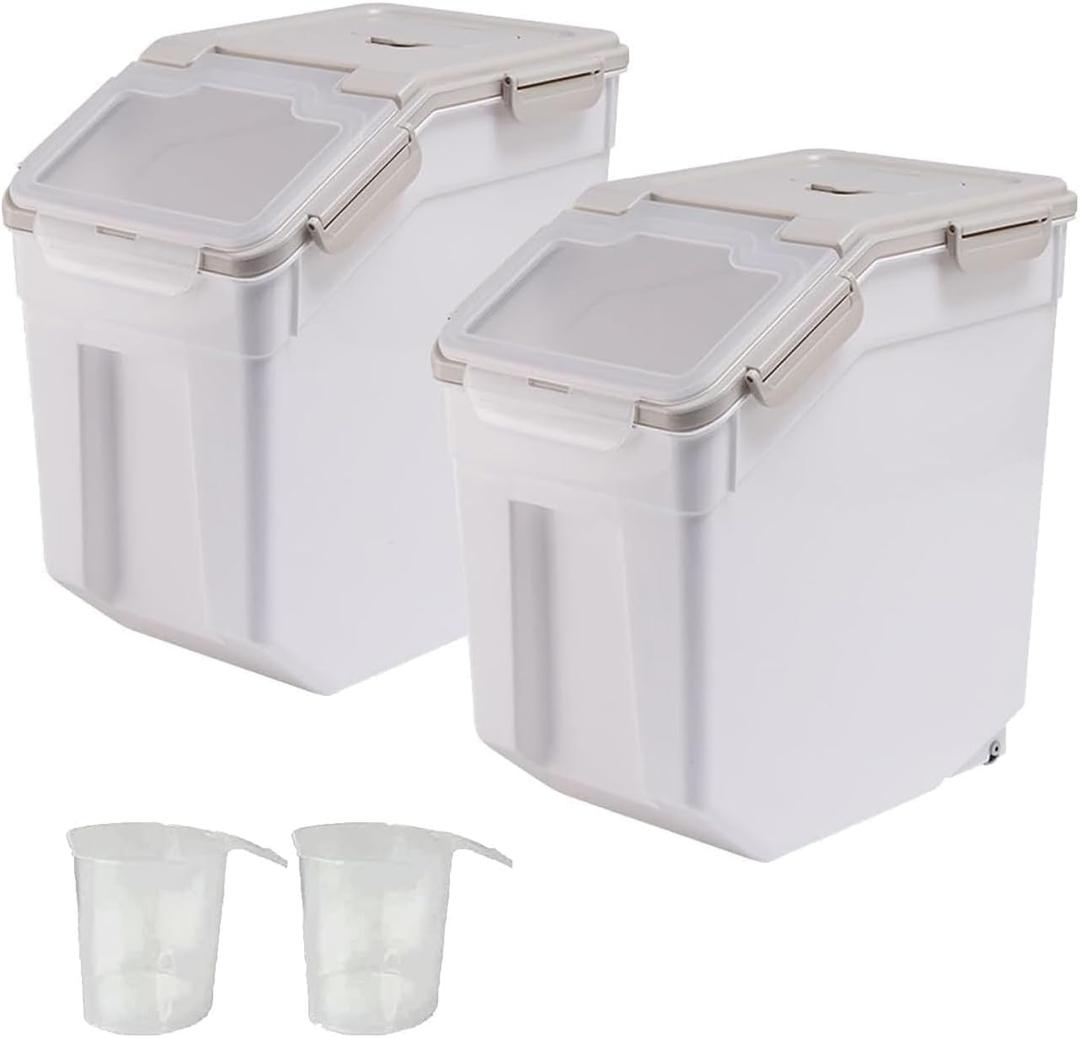 2 Pack 25lb Airtight Flour Storage Container BPA Free Dog Food Storage Container Large Cat Pet Grain Bin with Measuring Cup and Spoon for Kitchen Pantry Counter Top (Grey)