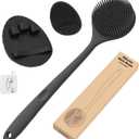 Manmihealth Silicone Back Scrubber (Thin Bristles) & Bath Glove & Face Brush Set(3PCS), Super-Exfoliating & Lathering Body Scrubber, Shower Brush, Face Scrubber Combination, with a Free Hook.(Black)