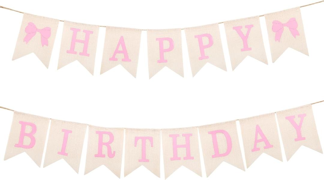 Burlap Happy Birthday Banner, Assembled Pink Bow Birthday Garland Happy Birthday Sign for Rustic Birthday Party Decorations