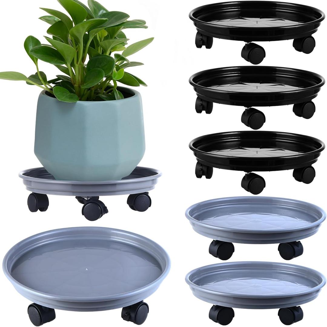 Planterhoma 6 Packs Plastic Plant Caddy with Casters 12 Plant Dolly Heavy Duty Rolling Plant Stand with Wheels for Indoor and Outdoor Large Heavy Plant Pot Rollers, Black and Grey