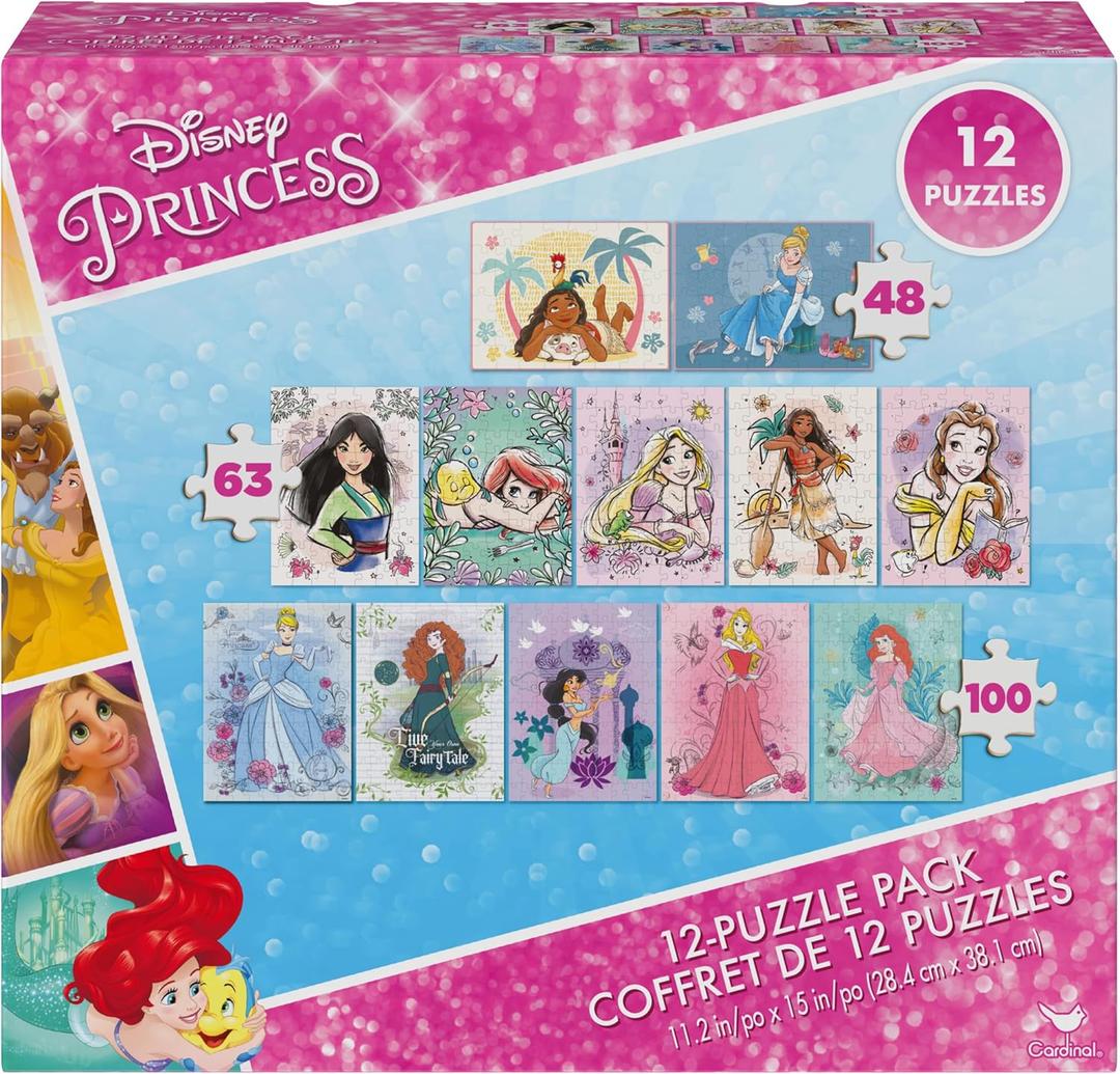 Spin Master Games, Disney Princess 12-Puzzle Bundle - Moana, Ariel, Mulan, Cinderella & More, with 48-Piece, 63-Piece, & 100-Piece Disney Puzzles for Kids, for Ages 4 & Up