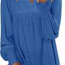 Ladies Tops and Blouses Blue Long Sleeve V Neck Eyelet Tunics 2025 Fall Baby Doll Flare Blouse Loose Trendy Pleated Shirts Lightweight Shopping Outing Daily Wear Medium