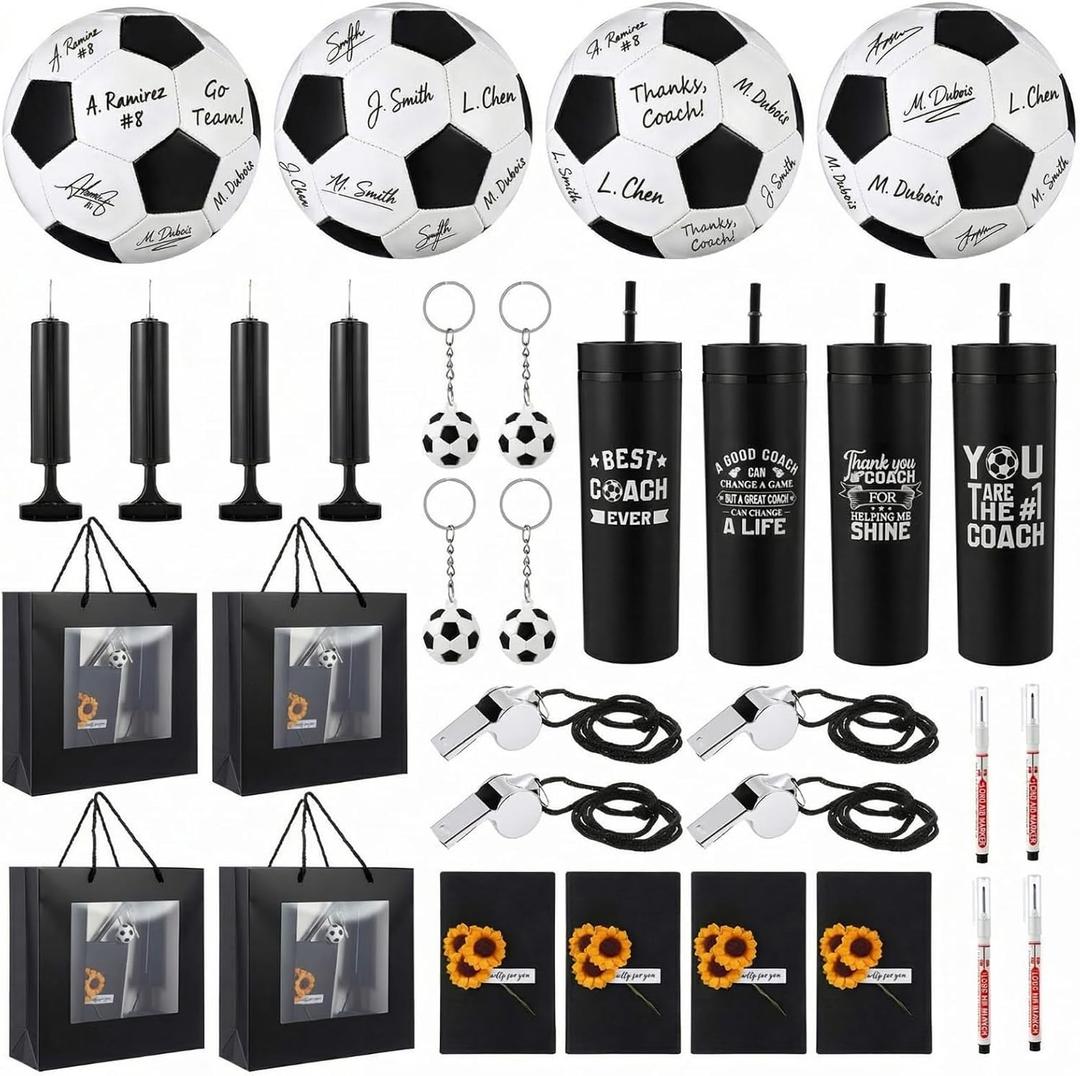 4 Soccer Coach Appreciation Gift Set, Best Coach Ever Tumblers with Lids & Straws Whistles, Keychains, Soccer Balls Thank You Gift for Football Men Women