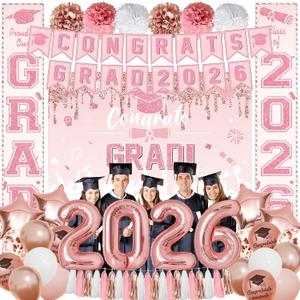2 x Ouddy Life Graduation Decorations Class of 2026 Pink Rose Gold Graduation Decoration 61Pcs with Congrats Grad Backdrop Banner Porch Sign Balloons for Graduation Party Supplies College Campus Decor