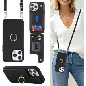 Lipvina for iPhone 15 Pro Case with Card Holder for Women,iPhone 15 Pro Phone Case with Strap,Crossbody Lanyard,RFID Blocking,Ring Stand,Snap Clasp,Cute Wallet Case 6.1 inch(Black)