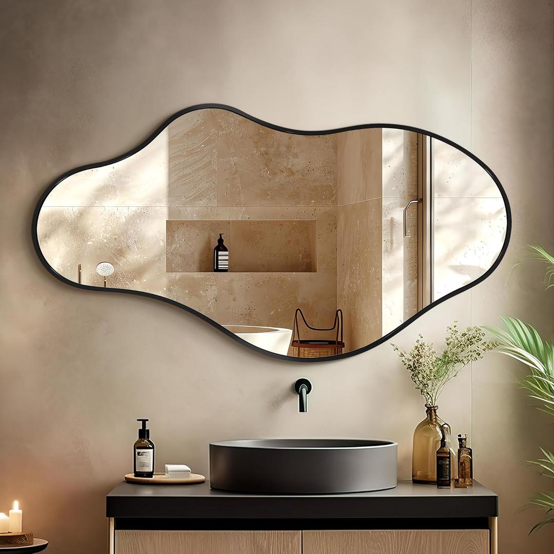 Dorlicecass Bathroom Mirrors for Over Sink - Long Wall Mirrors Decorative 20"x 36" Asymmetrical Abstract Aviation Aluminum Alloy Frame Unique for Bedroom, Living Room, Cloakroom, Entryway Black
