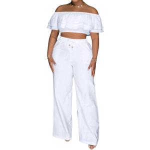 Adogirl 2 Piece Outfits For Women Off Shoulder Ruffle Trim Short Sleeve Top Wide Leg Pants Sets Sexy Outfits, Large, White