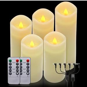 ALED LIGHT Real Wax Rechargeable Candles Flickering Realistic,Warm White Flameless Candles Rechargeable with Remote for Home Decor Idea Gift，Pack of 5(D 2.2”X H 5”5.5”6”7”8”)
