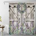 Western Barn Door Shower Curtain for Bathroom, Purple Lavender and Green Eucalyptus Wreath on Rustic Wood Boards Fabric Shower Curtain with Hooks, Botanical Bathroom Curtains Shower Set, 60x72 inches (Grey)