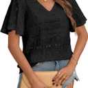 Women's Floral Embroidered Lace Top, Crochet Eyelet Dressy Feminine Summer Tee, Hollow Out, V-Neck, Belly Sleeves, Loose Fit (X-Large, 01 Black)