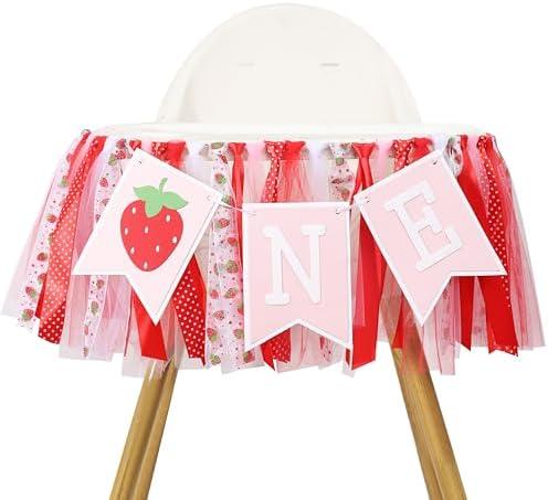 Strawberry Party Decorations for 1st Birthday - Sweet One Highchair Banner For Photo Booth Props And Strawberry Cake Smash, Best Sweet One Birthday Party Supplies For Kids(strawberry one banner)