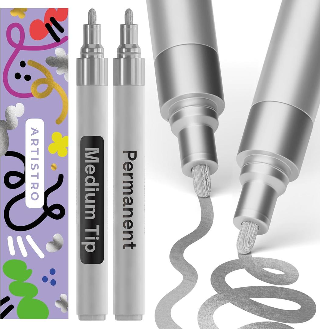 ARTISTRO 2 Silver Permanent Marker - Waterproof Markers for Tire, Fabric, Rocks, Glass, Ceramic, Wood, Paper - Oil Based Paint Pens - Medium Tip 3mm (Silver)