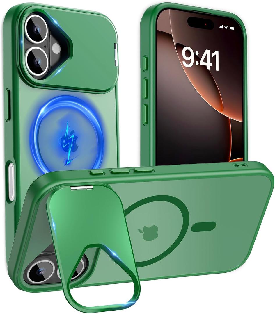 Cufelf Magnetic for iPhone 16 Plus Case(Compatible with Magsafe)(Built-in Invisible Kickstand) Military Drop Protection,Anti-Fingerprint,Anti-Scratch,Matte Translucent Phone Cover,6.7",Green