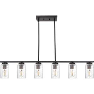 TODOLUZ 6-Lights Kitchen Island Pendant Light Fixture in Black Finish, Linear Hanging Ceiling Lighting Dining Room Chandelier with Seeded Glass Shade