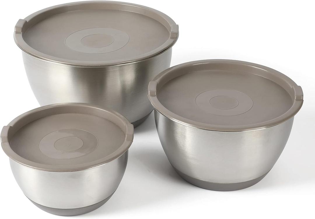 Martha Stewart Rhinewell Mirror Polish 6 Piece Stainless Steel Mixing Bowls with Lid and Non-Slip Base - Grey