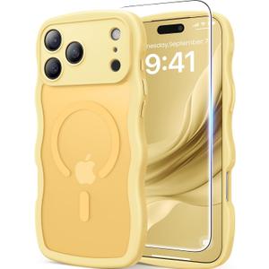 Magnetic for iPhone 17 Pro Max Case, 1X Screen Protector +1X Wrist Strap, Cute Wavy [Compatible with MagSafe][Full Camera Protection] Trendy Matte Women Girly Case for iPhone 17 Pro Max 6.9", Yellow