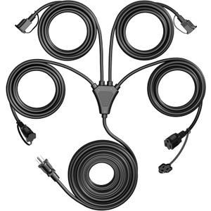 Eversimpleinc Black 1 to 4 Splitter Extension Cord (Combined 46 FT, End to End 28 FT), 3 Prong Plug with 4 Extended Outlets, with Weatherproof Covers for Indoor and Outdoor