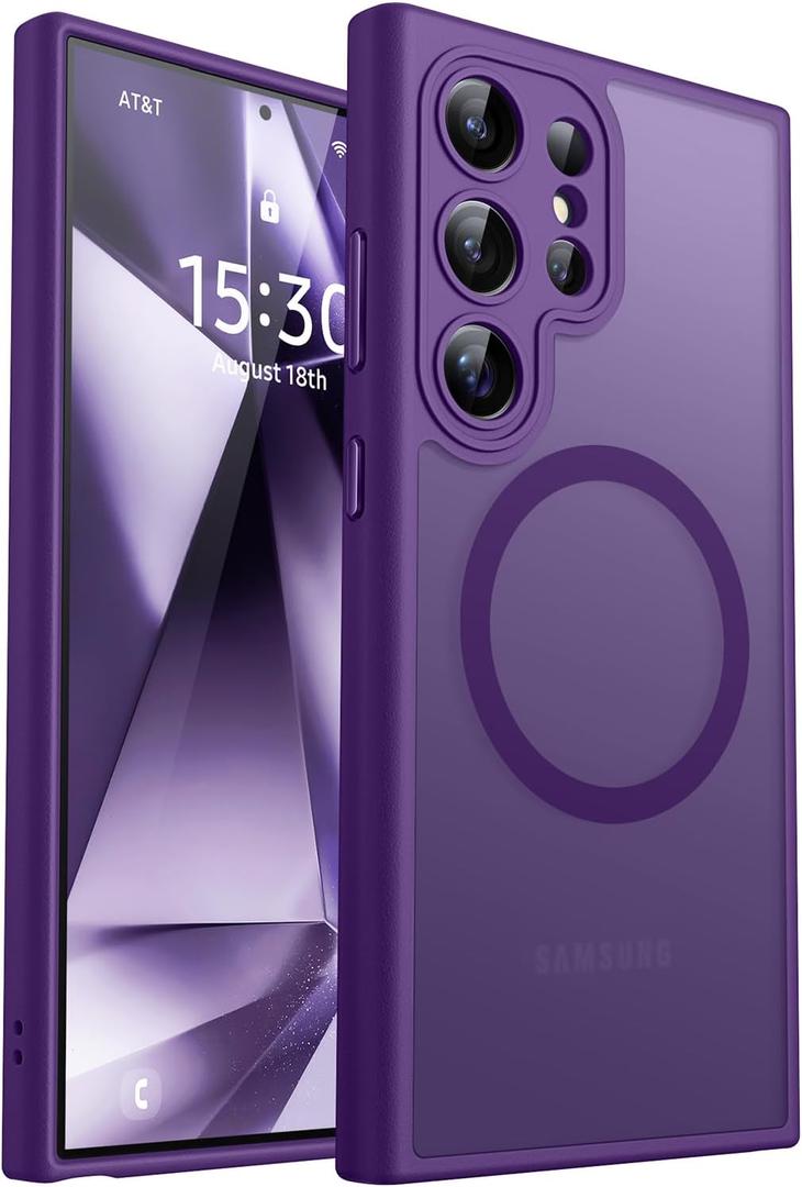 CANSHN Designed for Samsung Galaxy S24 Ultra Case [Full Camera Protection] [Compatible with MagSafe] Translucent Matte Shockproof Protective Phone Cover 6.8 Inch - Deep Purple