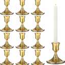 12 Pcs Brass Gold Taper Candle Holders Set, Vintage Metal Candlestick Holders Gold Taper Candle Holder Short for Dinner Room Table Centerpiece or Mantel Wedding Party Decor