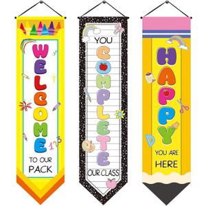 Blulu 3 Pcs Back to School Banners Classroom Motivational Porch Signs 47''x12'' School Pencil Porch Banner Decorations for Indoor Outdoor Door Wall Classroom Party Supplies Decoration