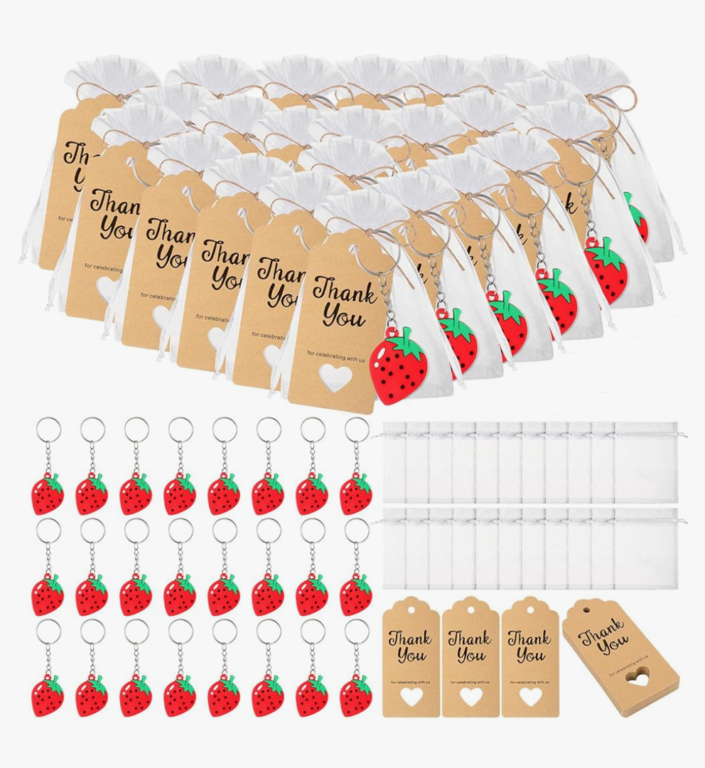 Strawberry Keychains with Thank You Tags Gift Bag for Baby Shower Party Guest Friend