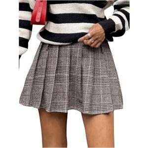 MakeMeChic Women's Pleated Mini Skirt Plaid Print Flared Hem A Line Belted Preppy Short Skirts (Brown, M)