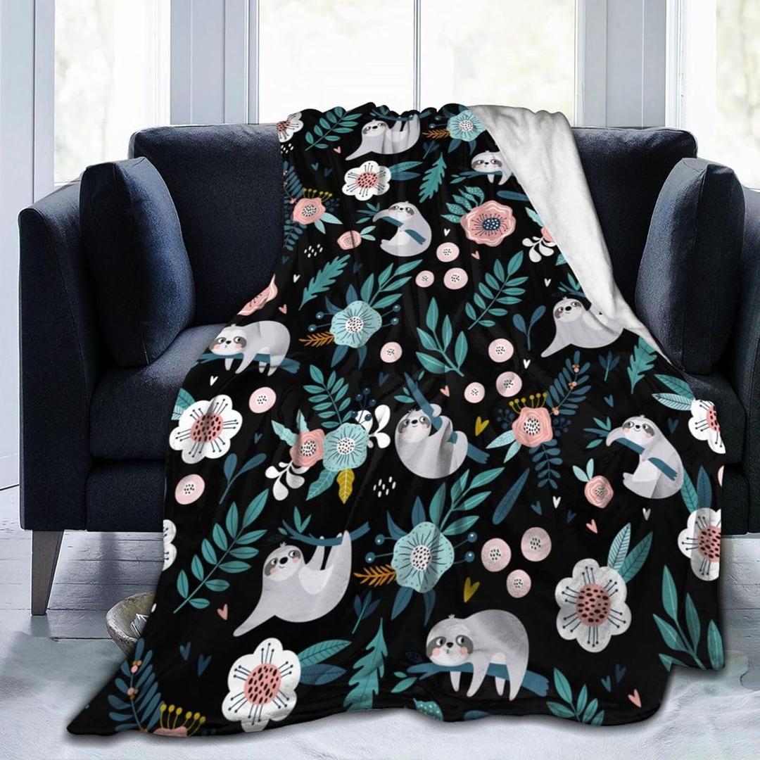 Cute Sloth Throw Blanket Gifts for Men Women Boy Girl Pink Flower Animal Soft Flannel Plush Blanket for Bed, Sofa, Couch, Travel, Camping 50x40 Inches
