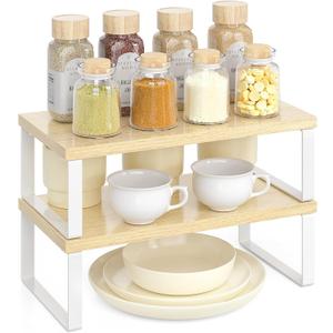 Cabinet Organizer Shelf, Set of 2 Stackable Wooden Spice Racks for Kitchen Counter, Pantry Storage, or Office  Space-Saving Shelves, Side-by-Side & Vertical, Natural Wood Color
